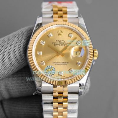 Swiss Replica Rolex Datejust Two Tone Yellow Gold Diamond Dial Jubilee Band 36MM